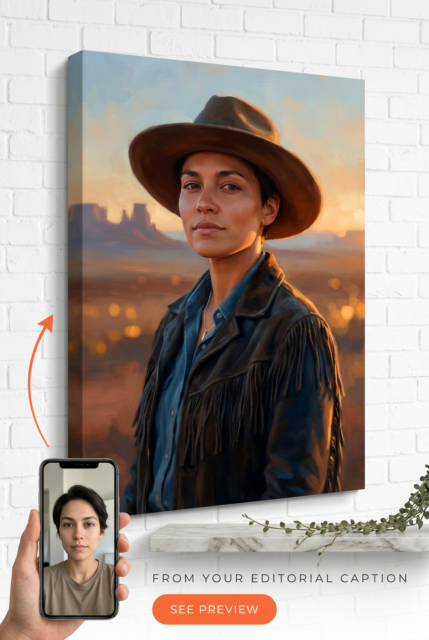 Custom Cowboy Woman Portrait — Serene Western Canvas Art
