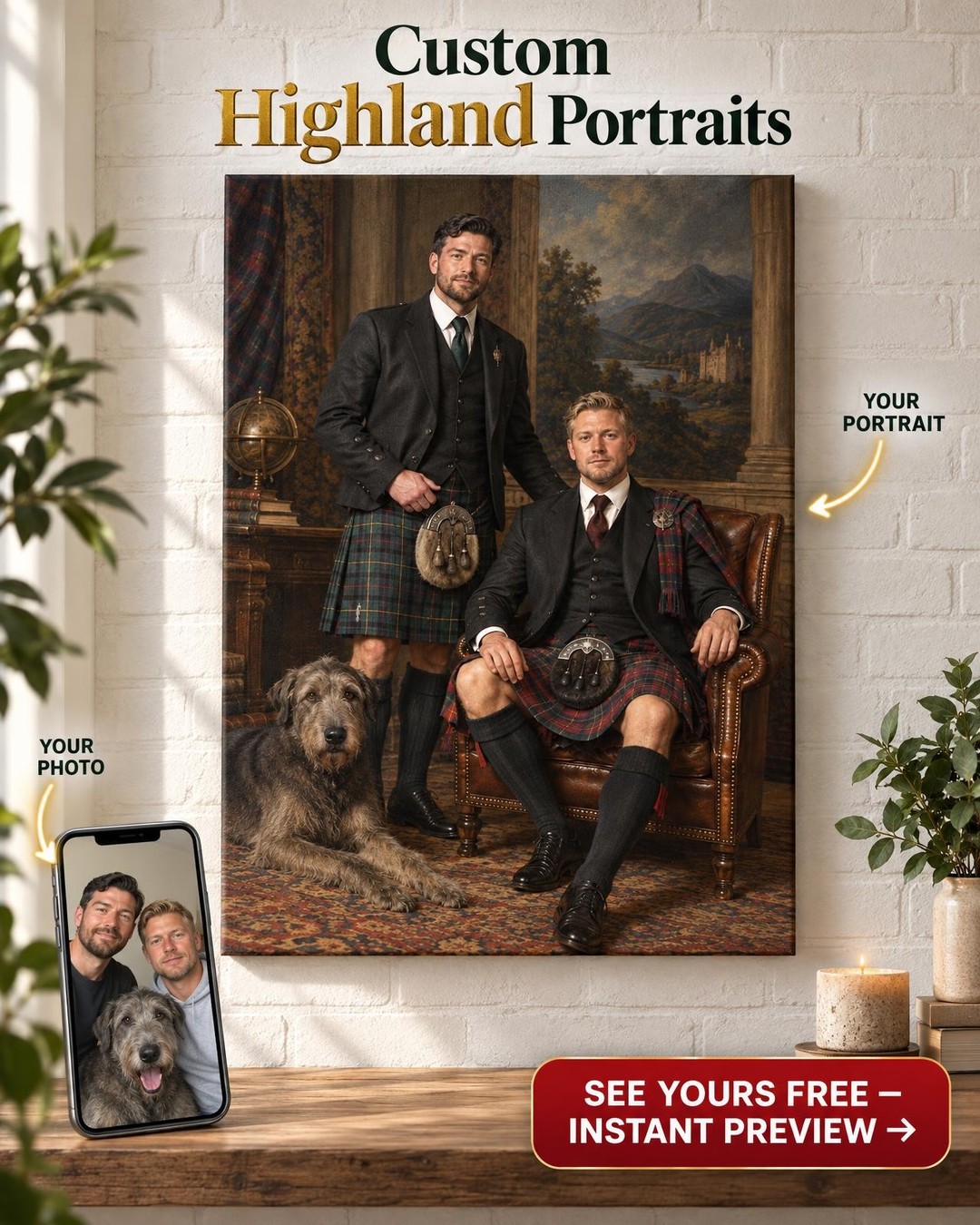 Distinguished Scottish-Themed Custom Portrait from Photo | Personalized for Human-Pet Gift