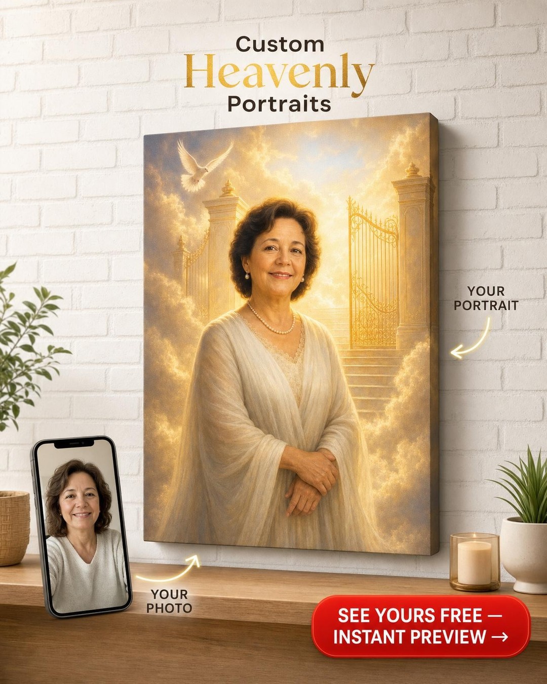 Custom Memorial Woman Portrait — Serene Angel Canvas from Photo