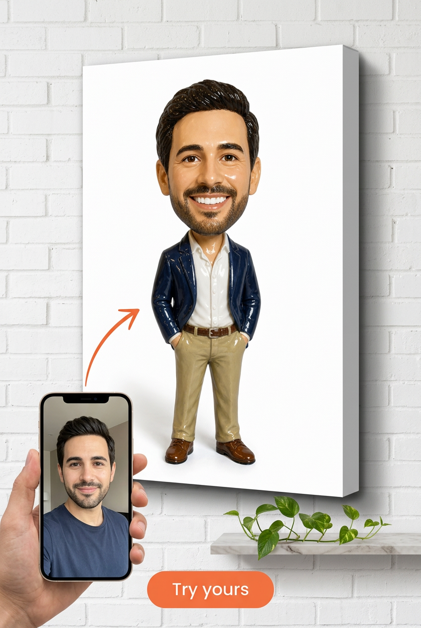 Custom Bobblehead Portrait for Man — Whimsical Canvas Gift