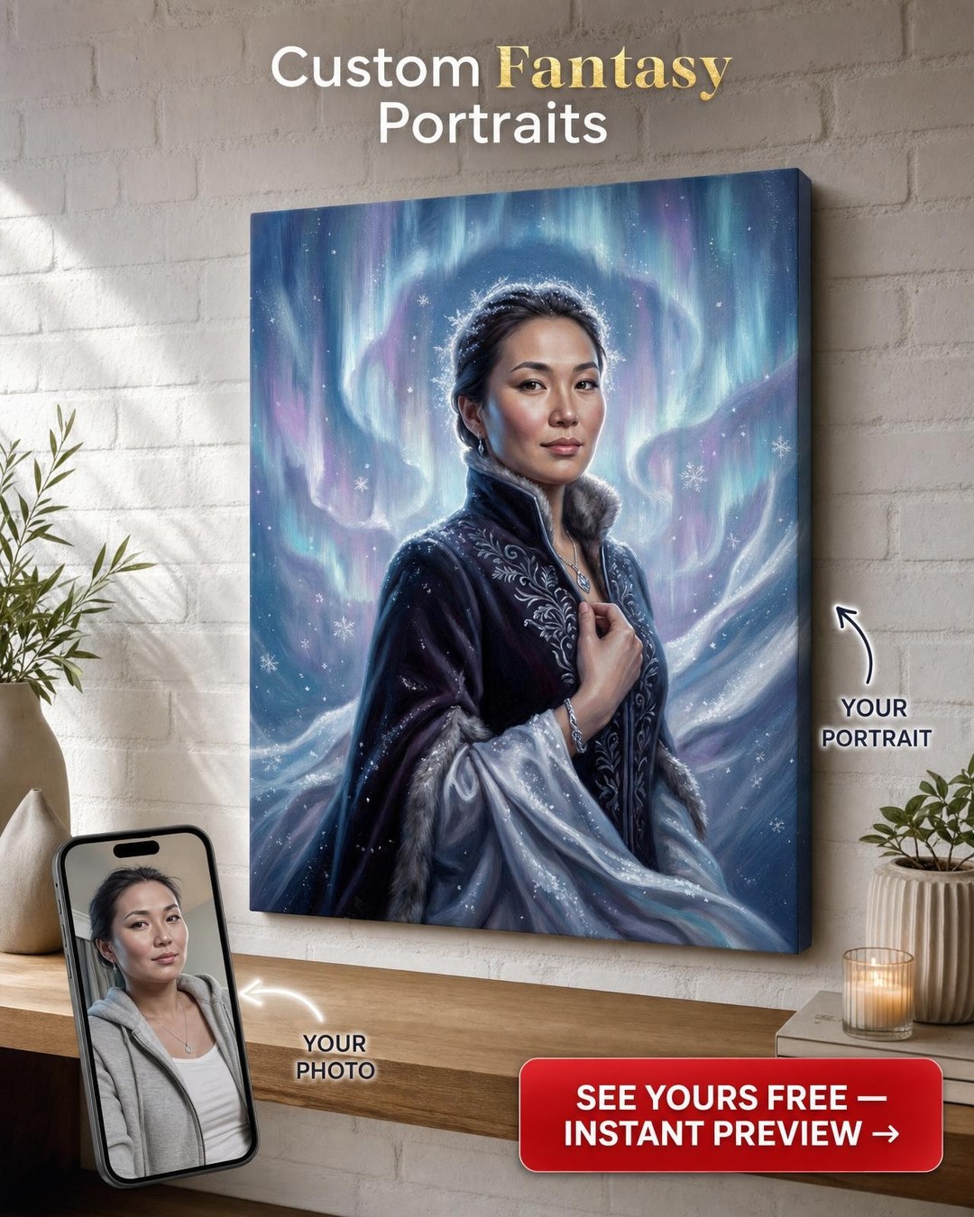Custom Winter Woman Portrait — Regal Aurora Canvas from Photo