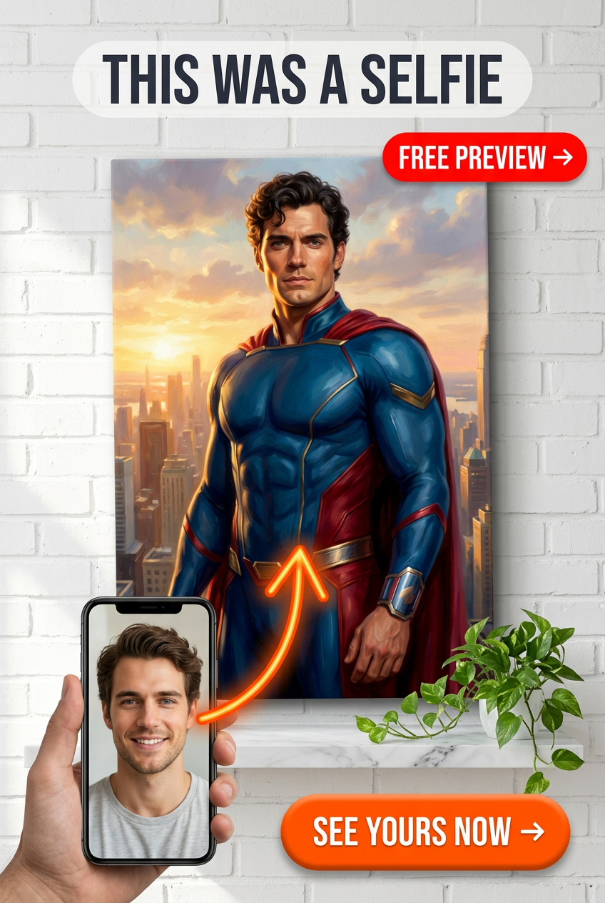 Custom Superhero Man Portrait — Heroic City Canvas from Photo