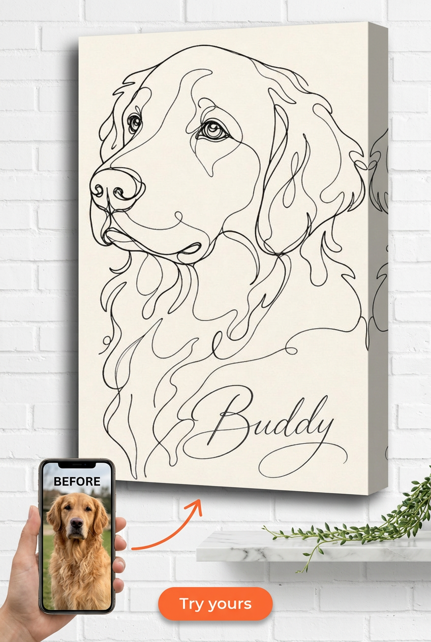 Custom Dog Line Drawing Portrait — Serene Pet Canvas from Photo