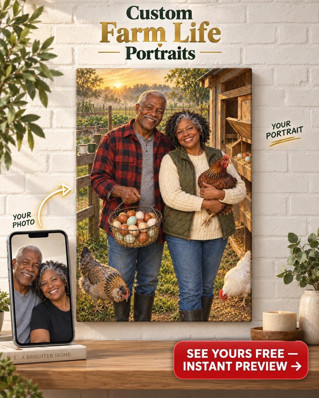 Egg Basket Morning Couple Custom Portrait from Photo | Personalized Backyard Chickens Gift