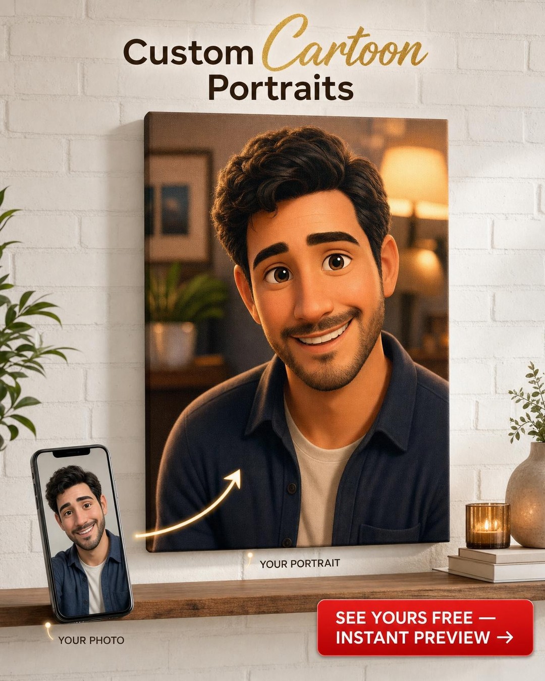 Custom Pixar Man Portrait — Whimsical Canvas from Photo