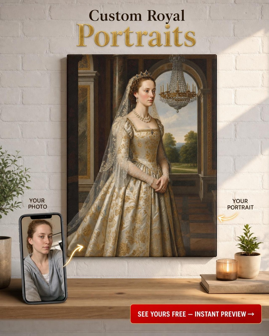 Custom Royal Woman Portrait — Regal Crown Canvas from Photo