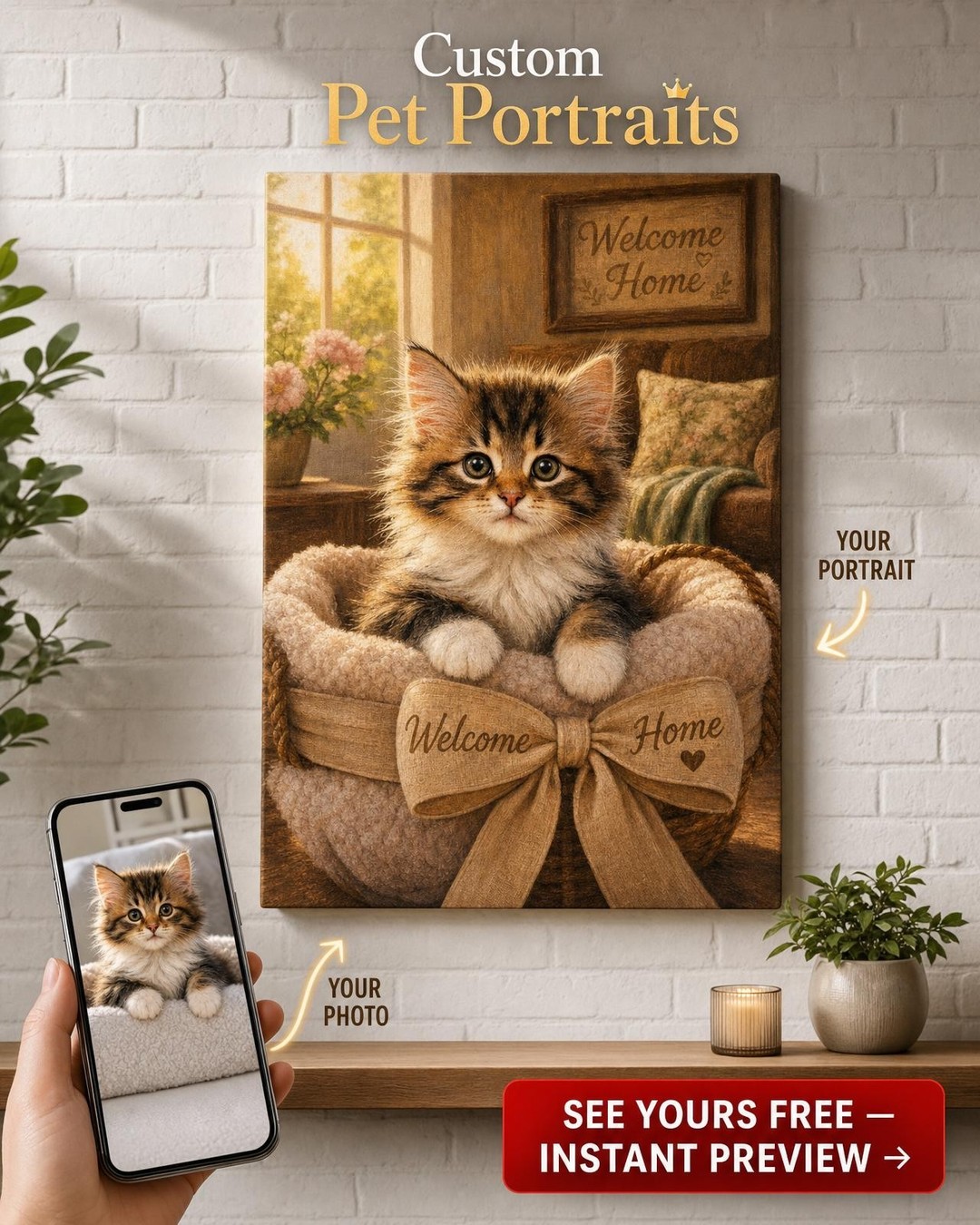 Welcome New Kitten Home Portrait — photoreal canvas with face-swap on a template