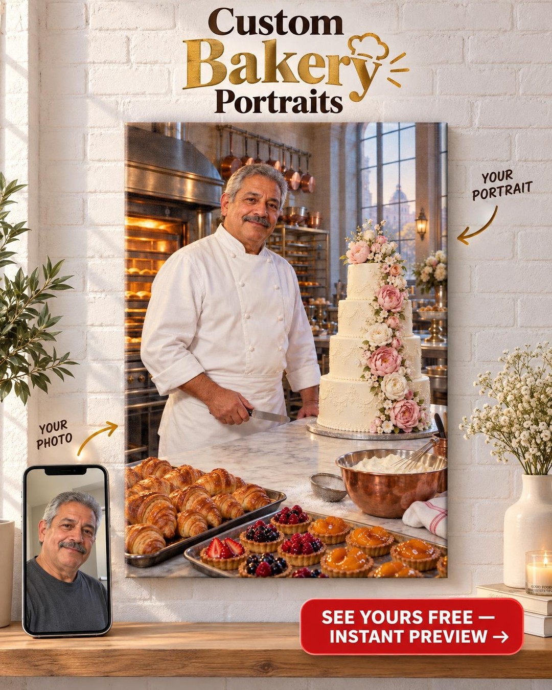 Pastry Chef Custom Portrait from Photo | Personalized Bakery Canvas Gift