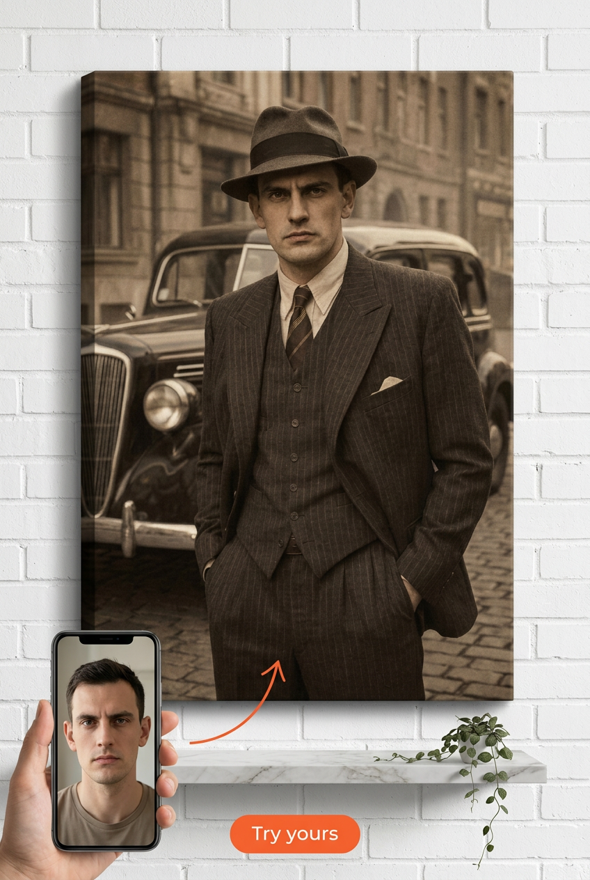 Custom Gothic Man Portrait — Vintage Suit & Car Canvas