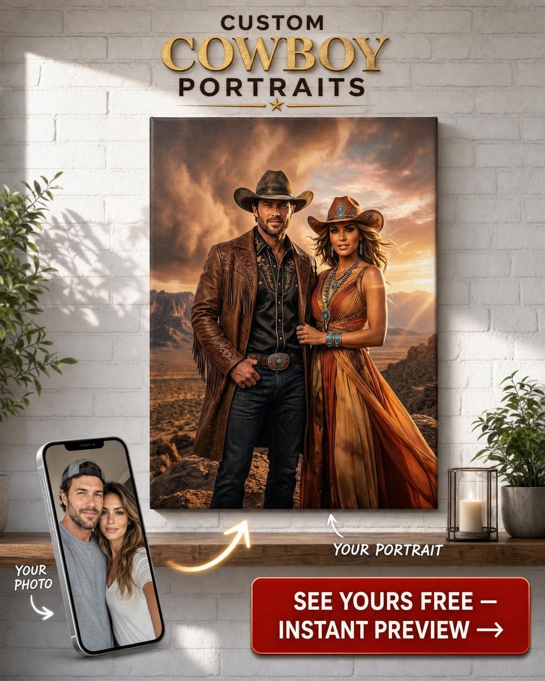 Custom Cowboy Portrait | Romantic Western Canvas