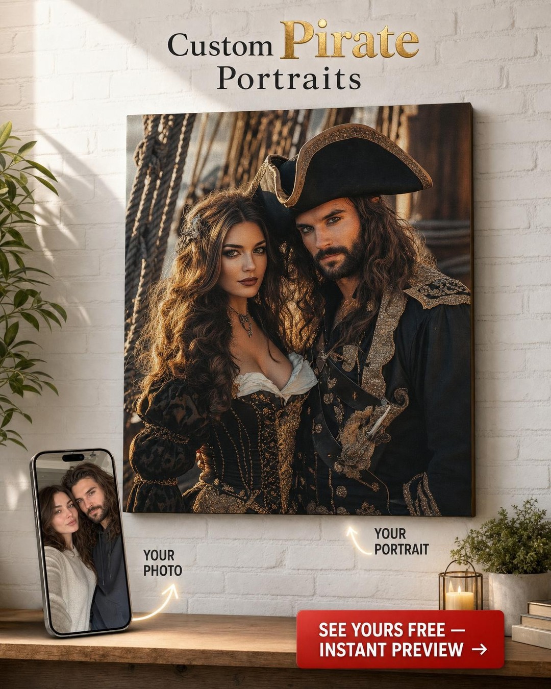Custom Pirate Couple Portrait — Romantic Canvas