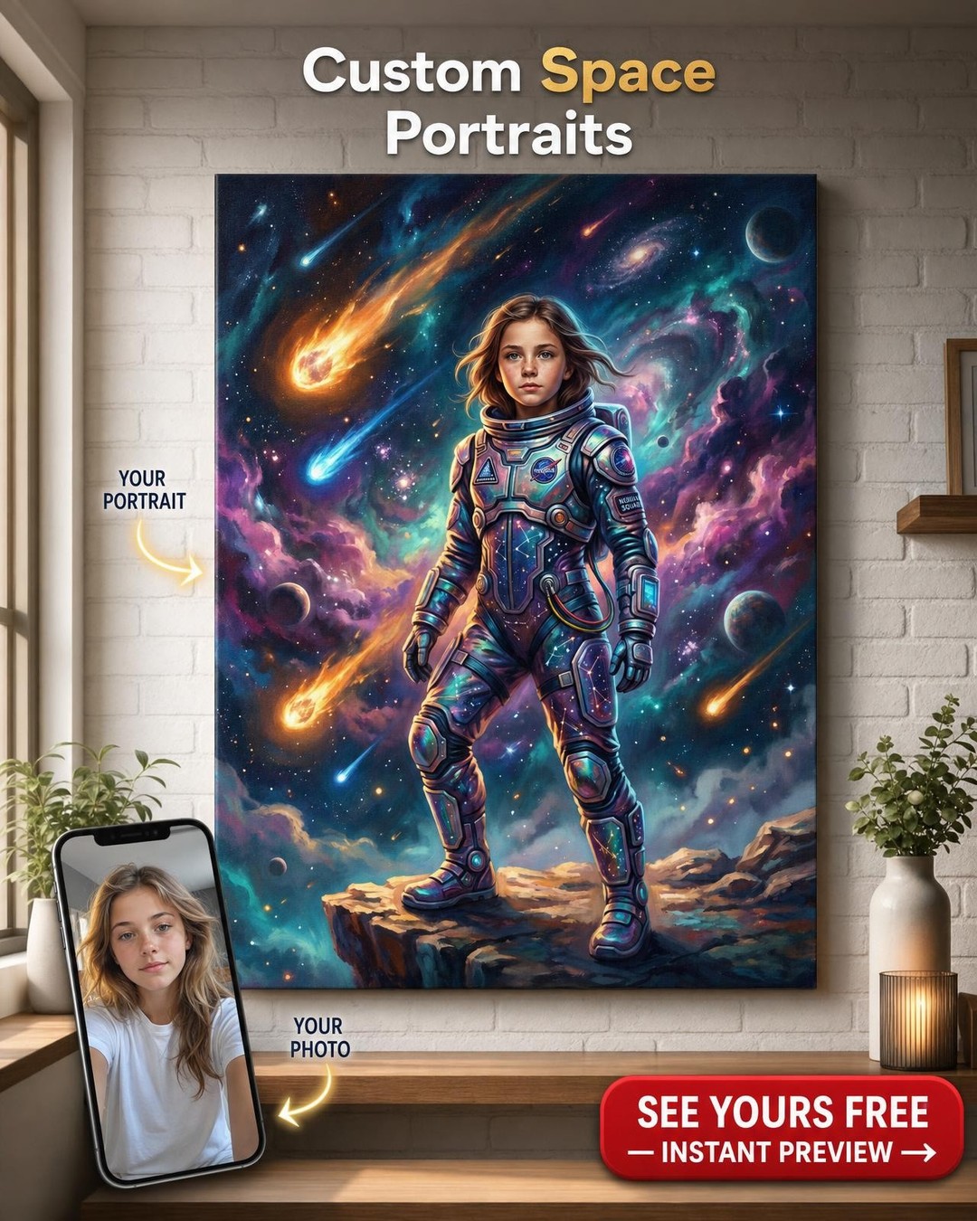 Custom Astronaut Woman Portrait — Whimsical Galaxy Canvas from Photo