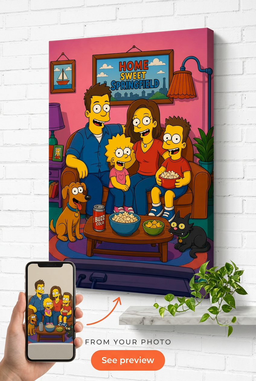 Custom Yellow Cartoon Family Portrait — Colorful Family Canvas from Photo