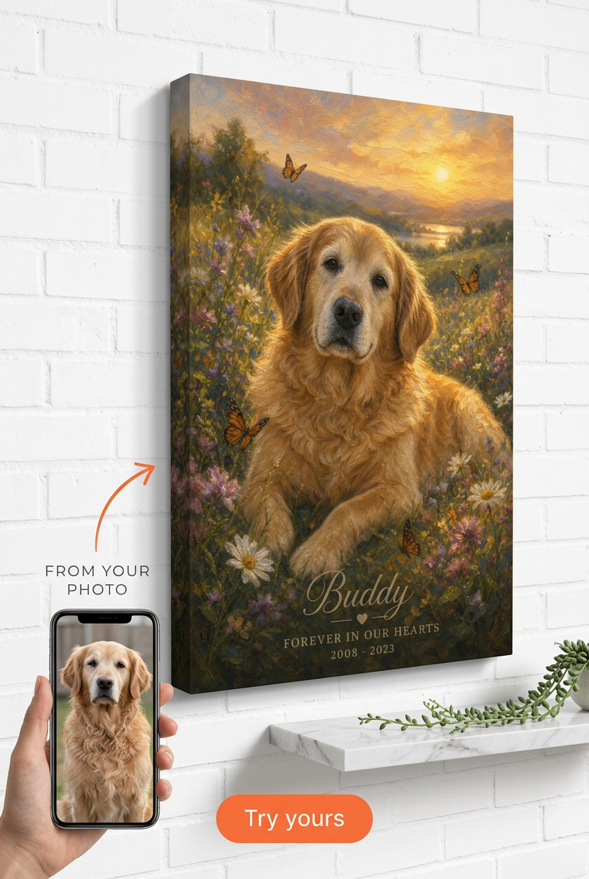 Custom Pet Memorial Dog Portrait — Sunset Flowers Canvas