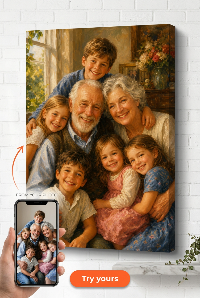 Grandparents With Grandkids Custom Portrait from Photo | Personalized Canvas Gift