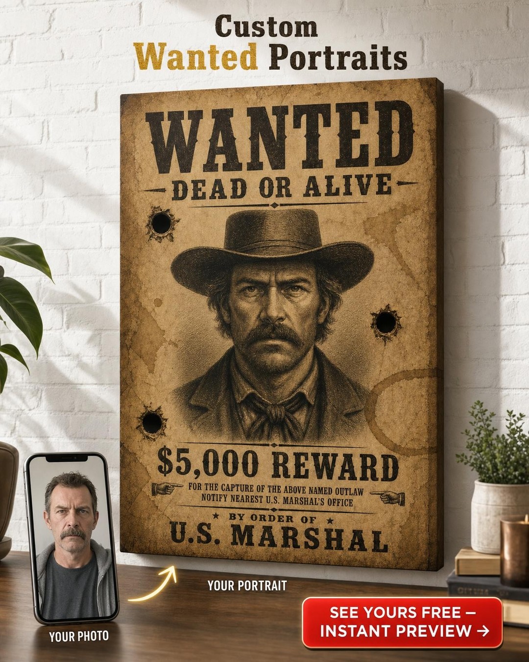 Custom Wanted Poster — Classic Outlaw Vintage Canvas from Photo