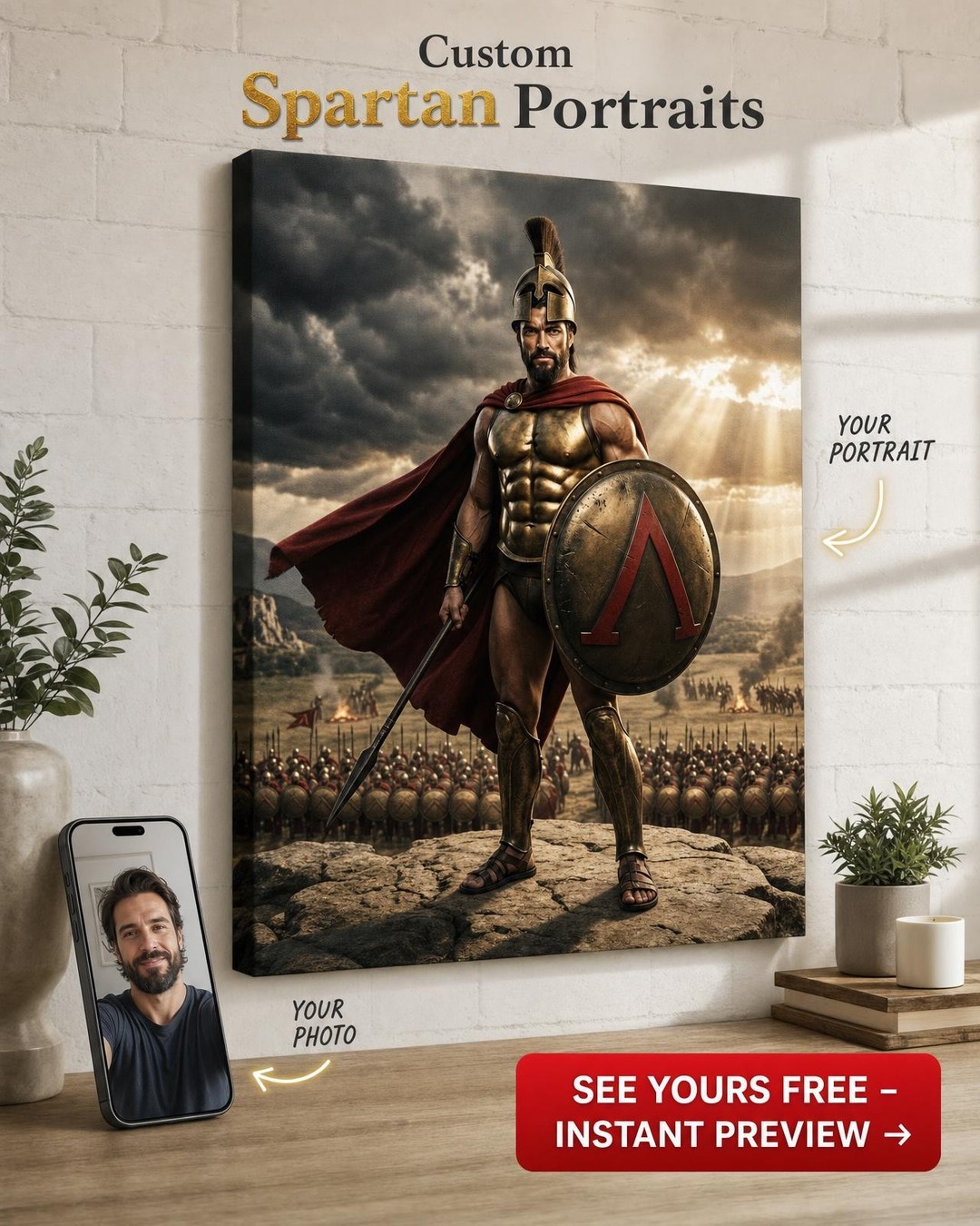 Custom Spartan Warrior Portrait for Man — Heroic Shield & Spear Canvas