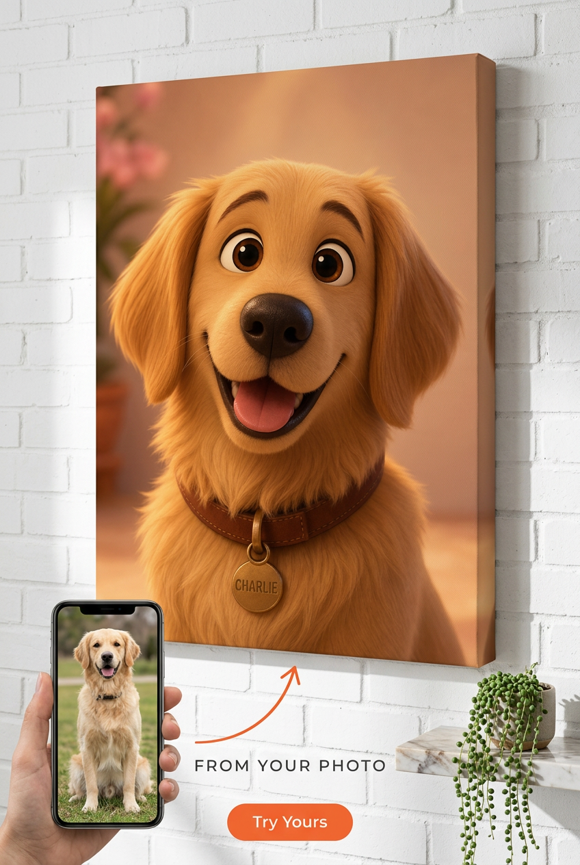 Custom Pixar Dog Portrait — Whimsical Pet Canvas from Photo