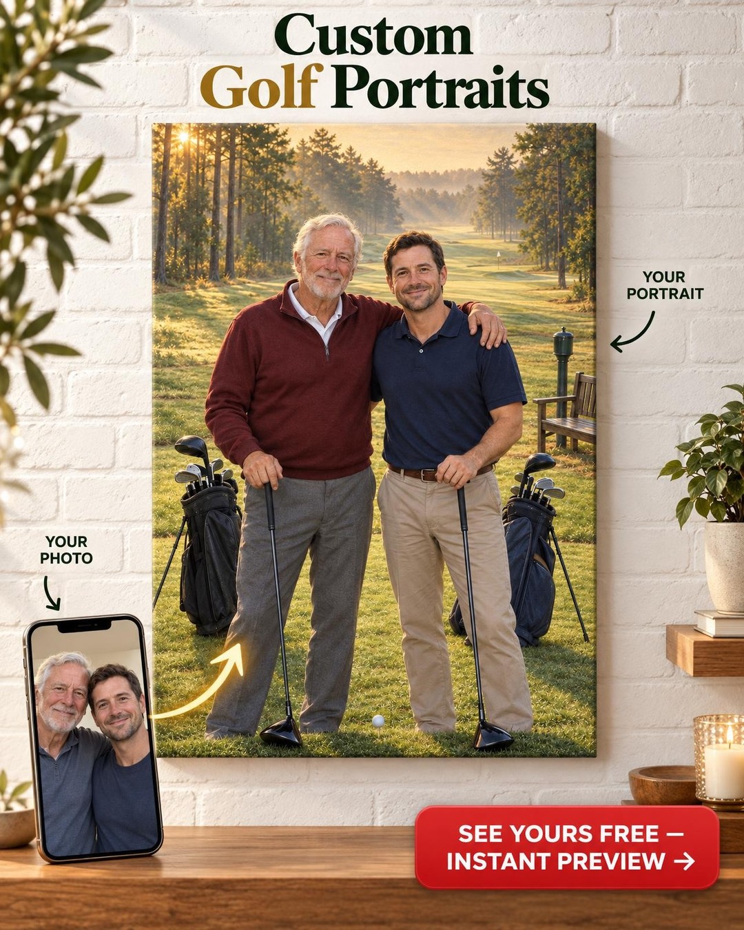 Dad and Son Golf Custom Portrait from Photo | Personalized Golf Portrait Gift