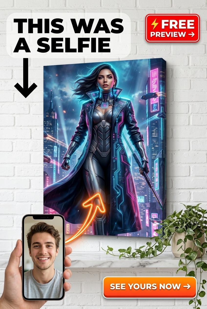 Custom Cyberpunk Single Man Portrait — Heroic Neon Warrior Canvas