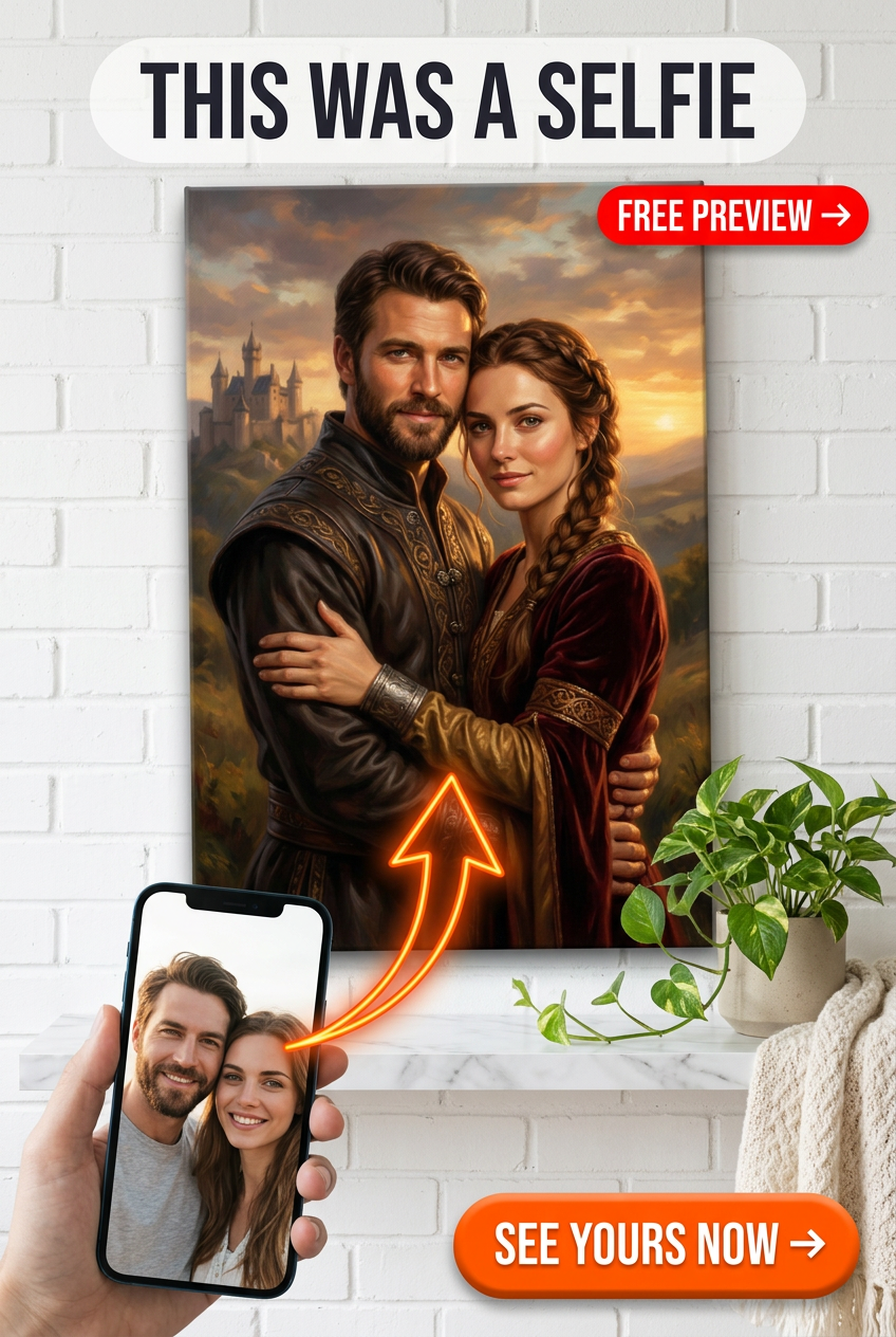 Custom Medieval Couple Portrait — Romantic Castle Canvas from Photo