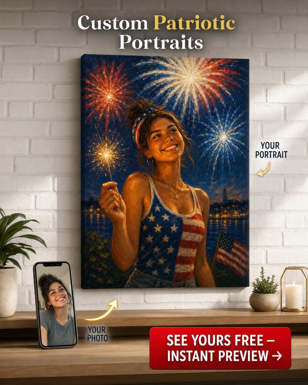 Fireworks Celebration Custom Portrait from Photo | Personalized Canvas Gift