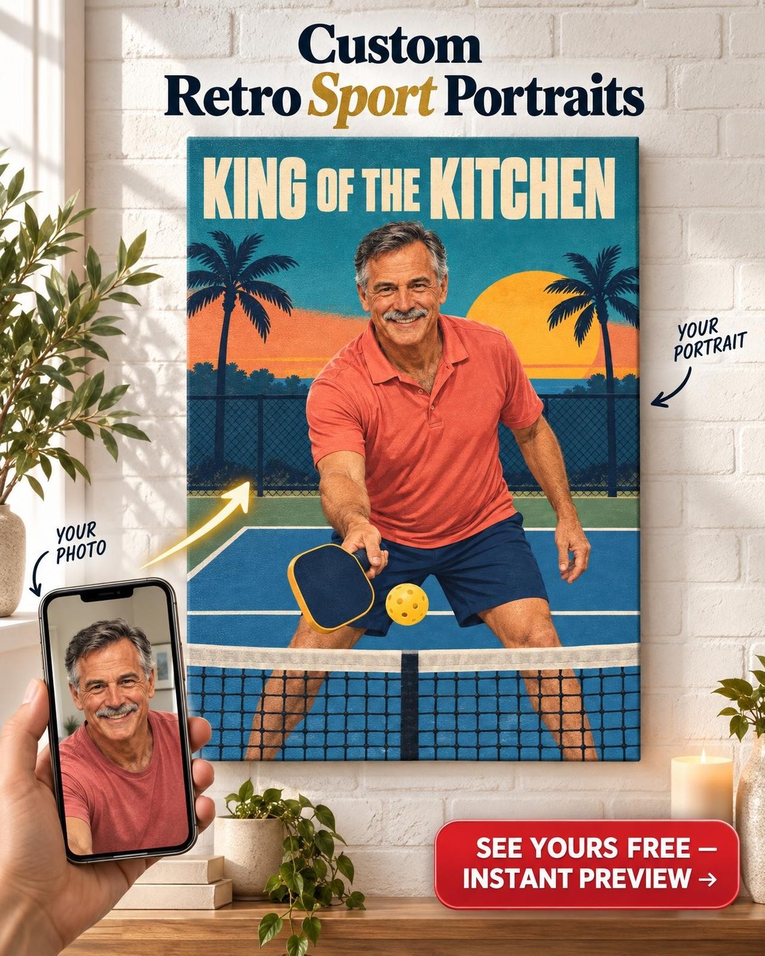 King of the Kitchen Retro Pickleball Poster Custom Portrait from Photo | Pickleball Gift