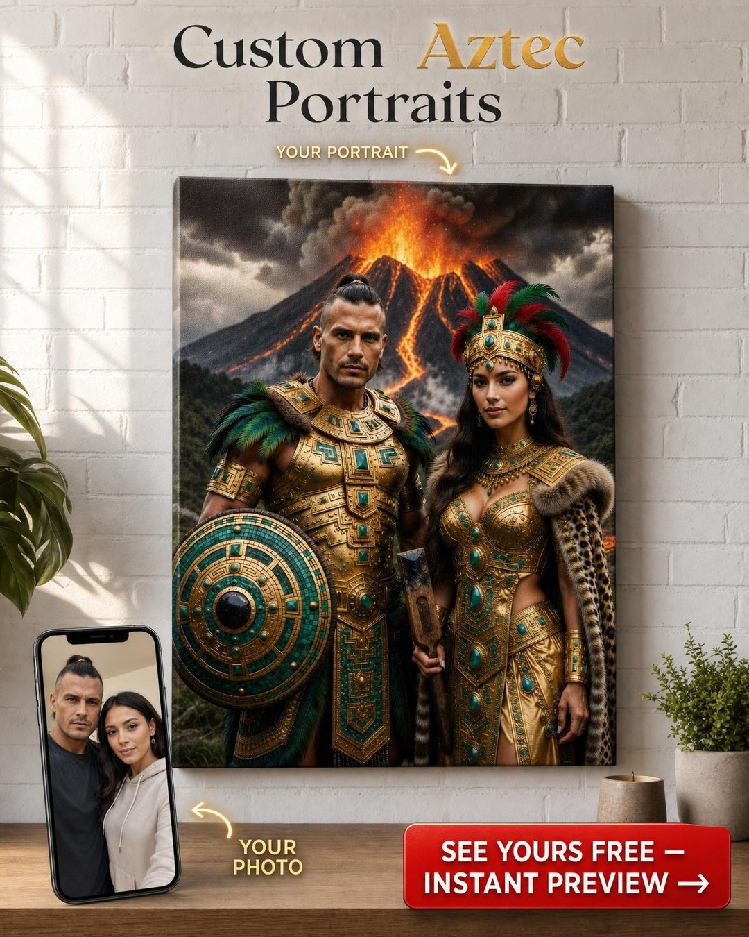 Custom Aztec couple portrait on canvas — man and woman as regal feathered warriors painted from a photo