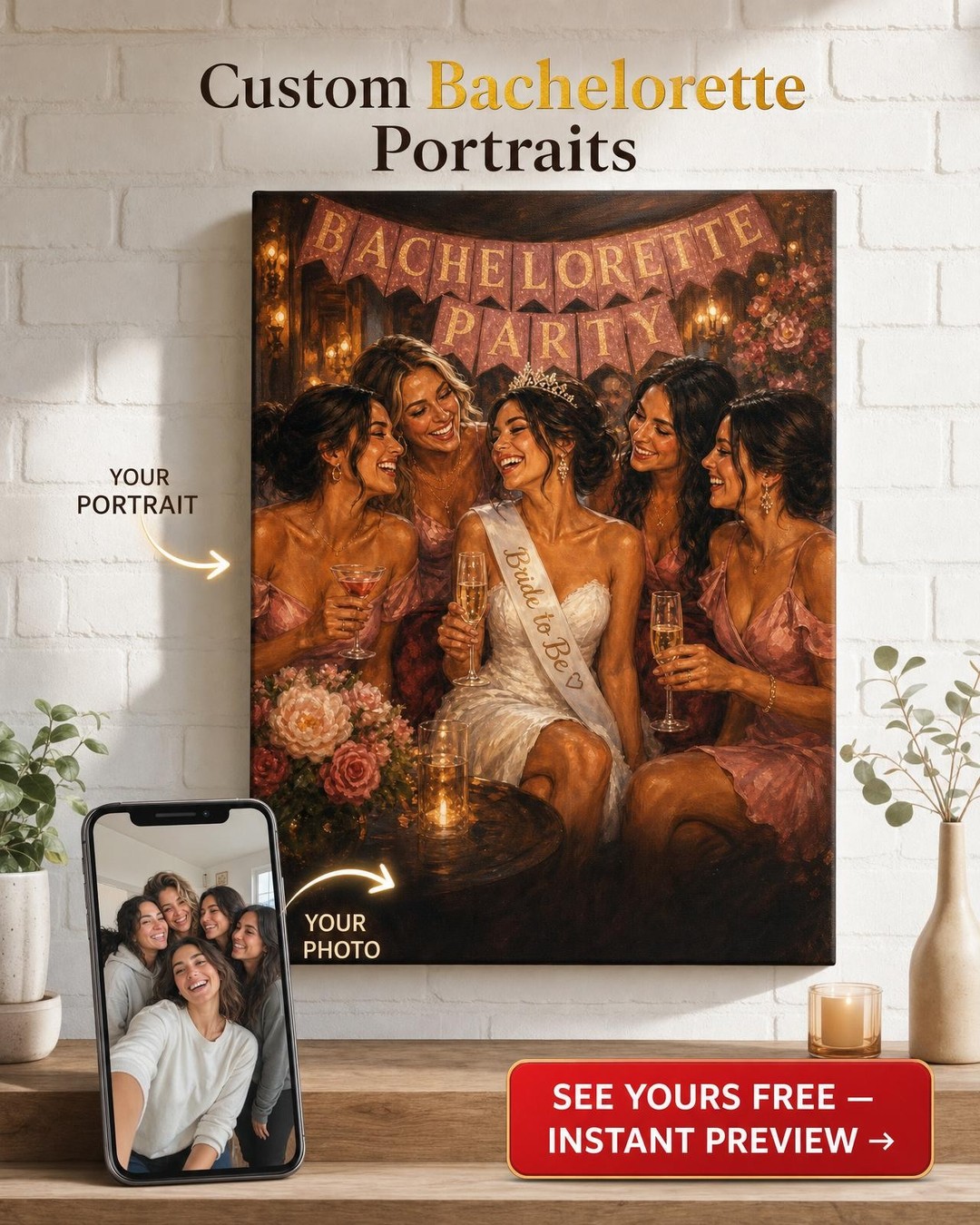 Bachelorette Party Night Canvas — AI-regenerated portrait personalized with name
