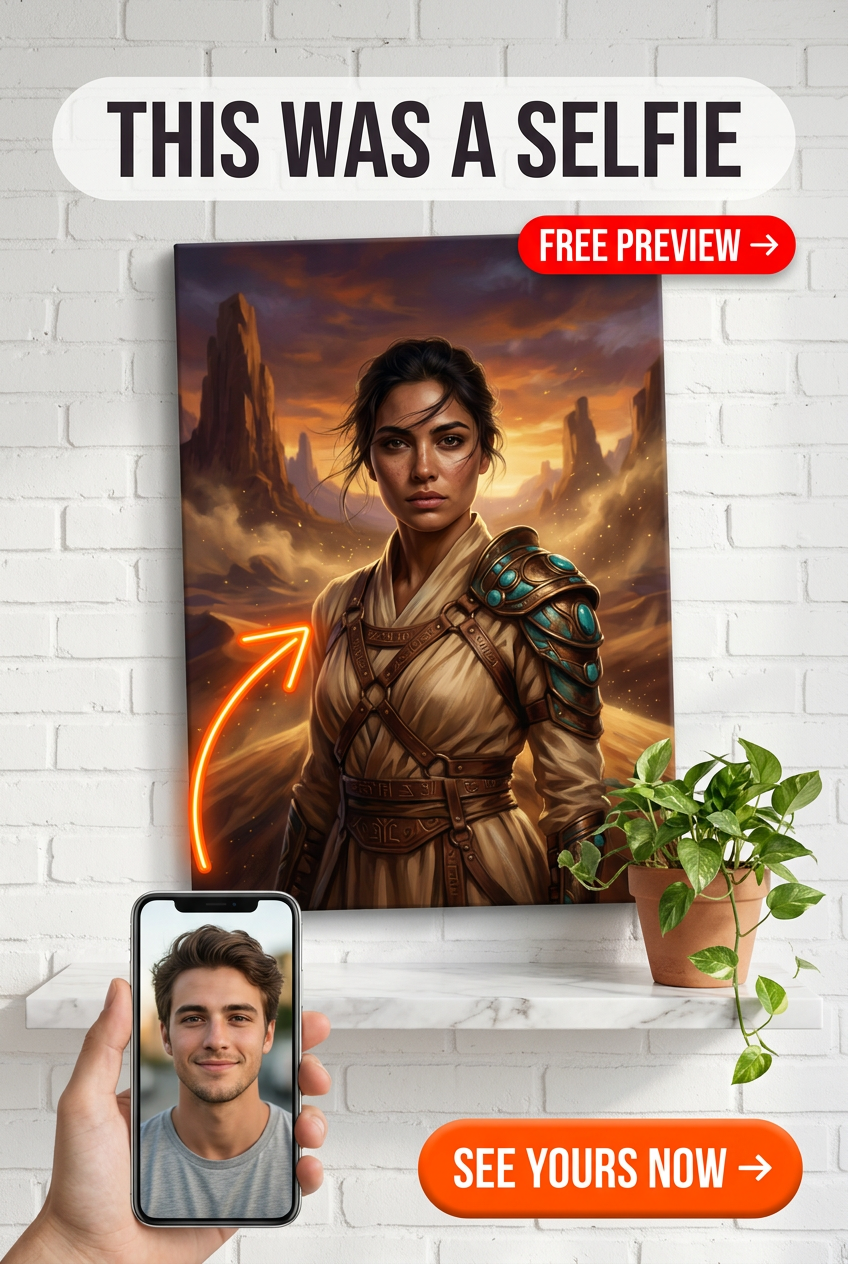 Portrait personnalisé épique Sands of Destiny – Héros solitaire du désert