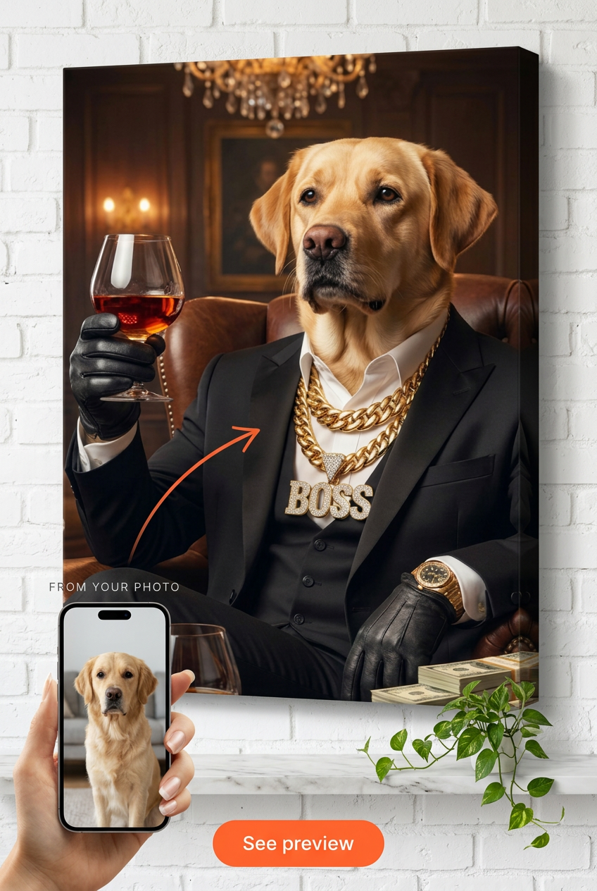 Custom Dog Portrait Canvas — Whimsical Pet Art from Photo
