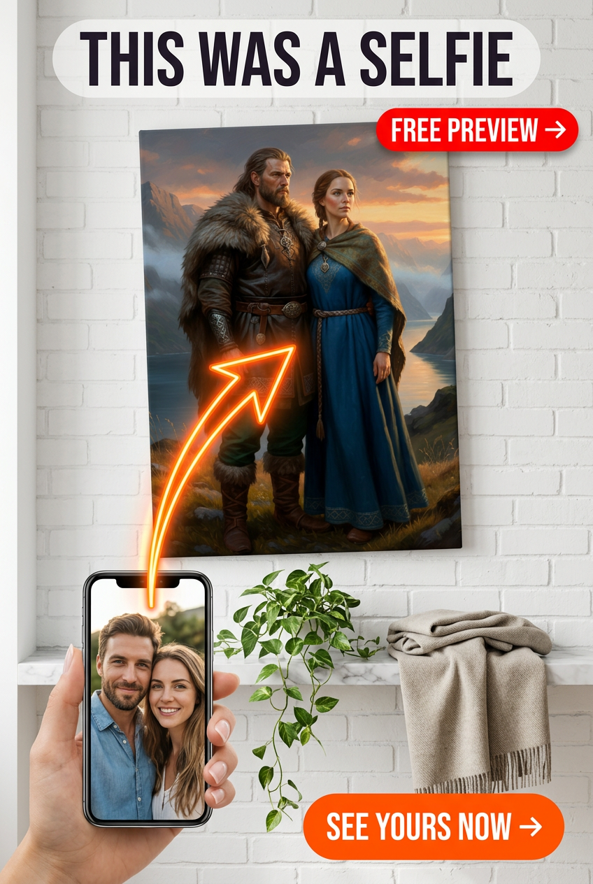 Custom Viking Couple Portrait — Romantic Mountain Canvas
