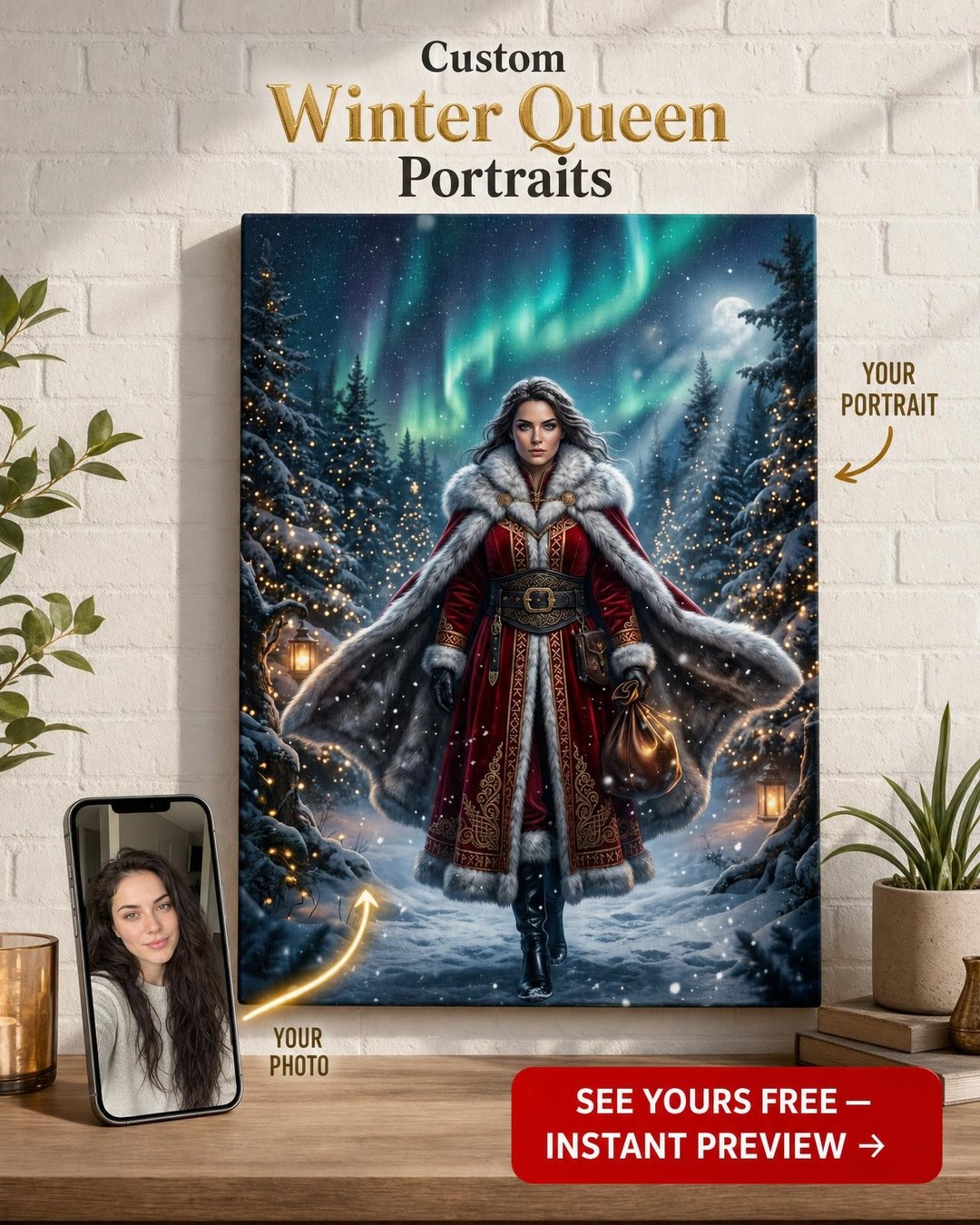 Custom Christmas Portrait for Her — Heroic Winter Canvas from Photo