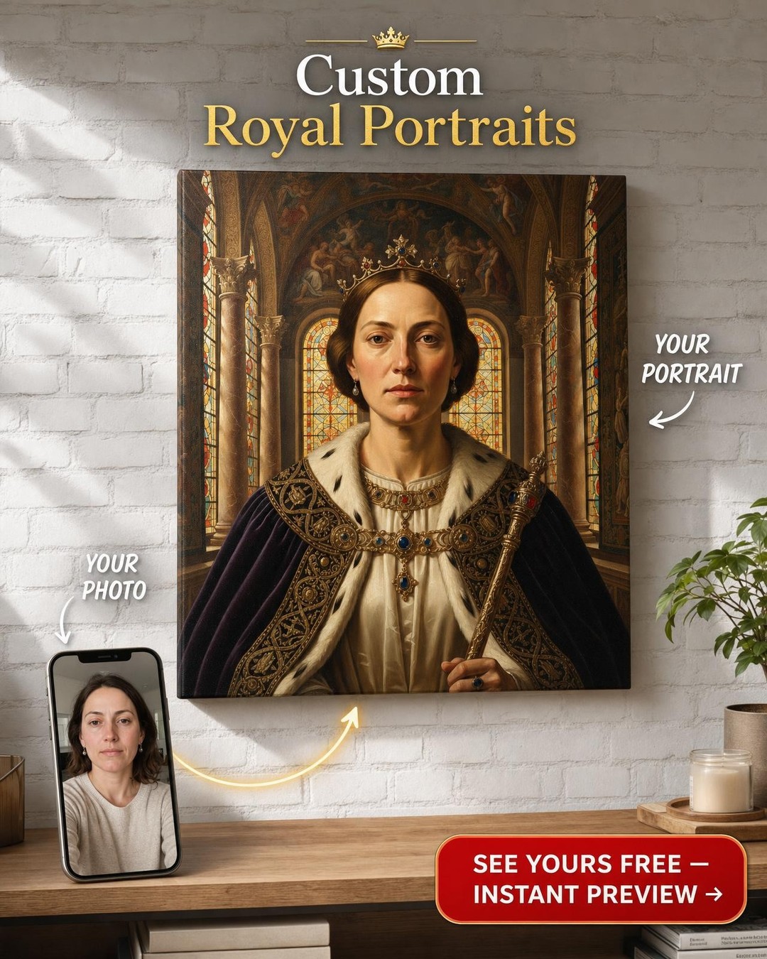 Custom Royal Woman Portrait — Regal Crown & Jewels Canvas