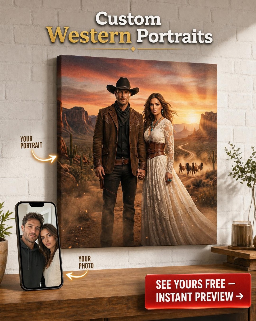 Custom Cowboy Couple Portraits | Western Canvas Gifts