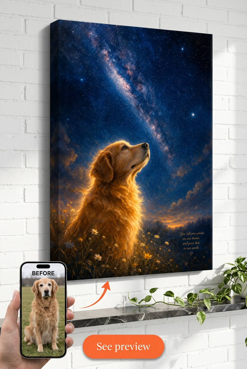 Custom Pet Memorial Dog Portrait — Serene Galaxy Canvas from Photo