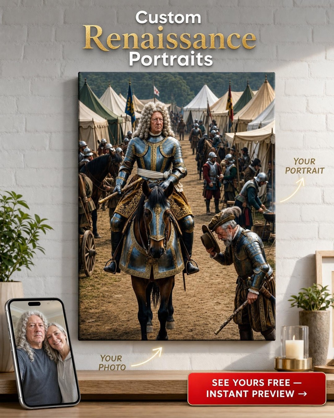 Medieval Knight on Horseback Custom Portrait from Photo | Personalized Gift