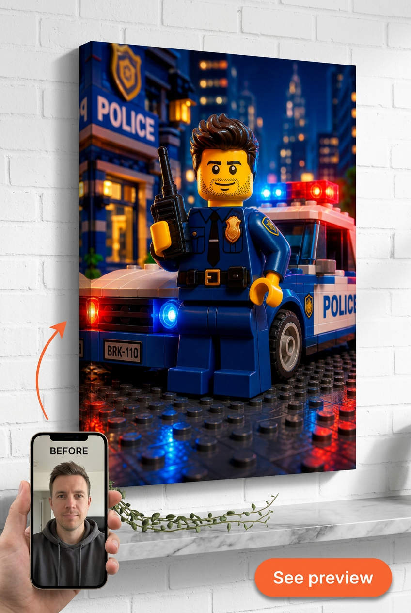 Custom Brick Minifigure Police Officer Portrait from Photo | Personalized Undefined Gift
