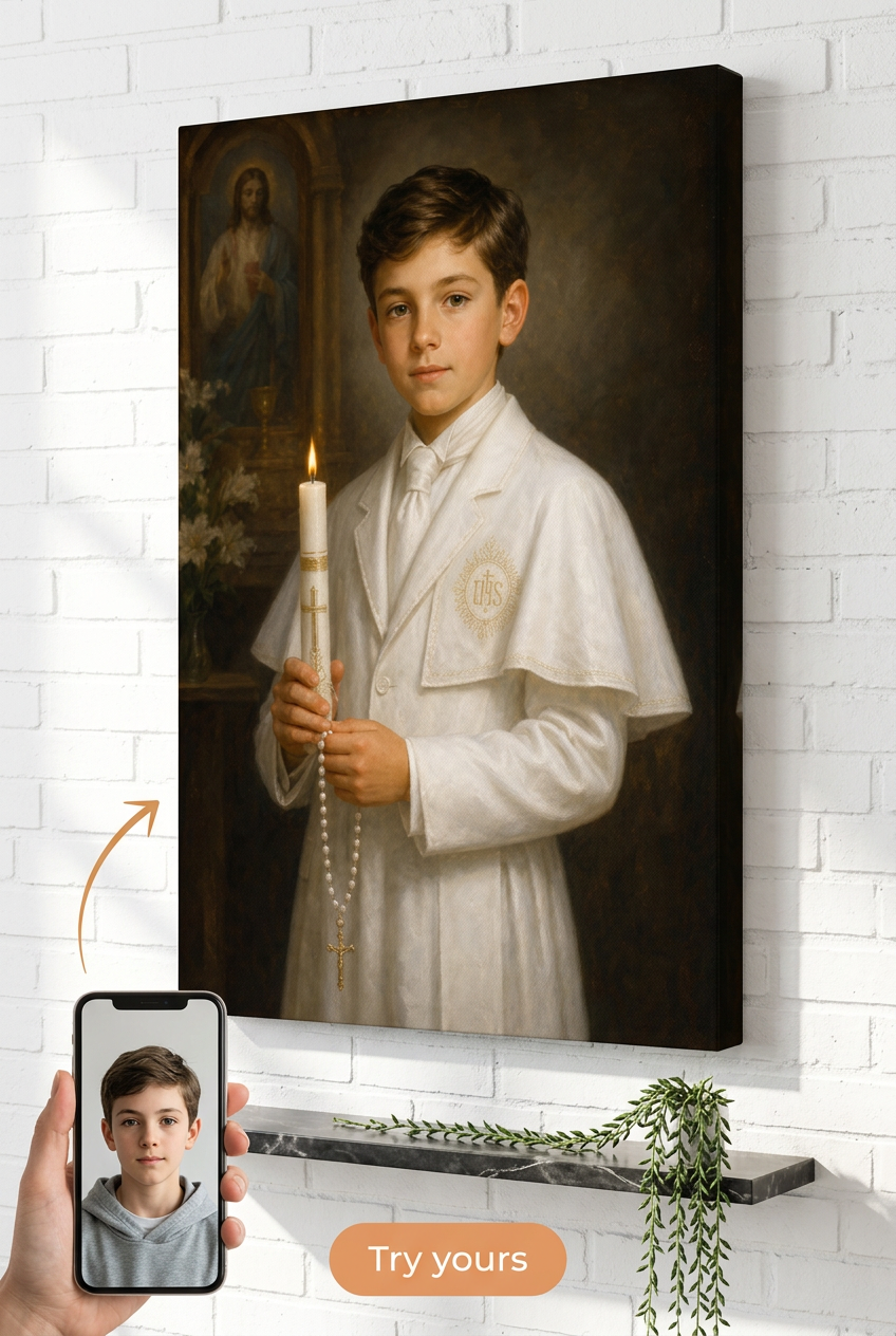 Custom First Communion Girl Portrait — Regal Canvas from Photo