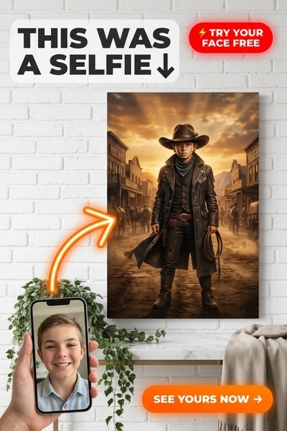 Custom Cowboy Boy Portrait — Heroic Wild West Canvas from Photo