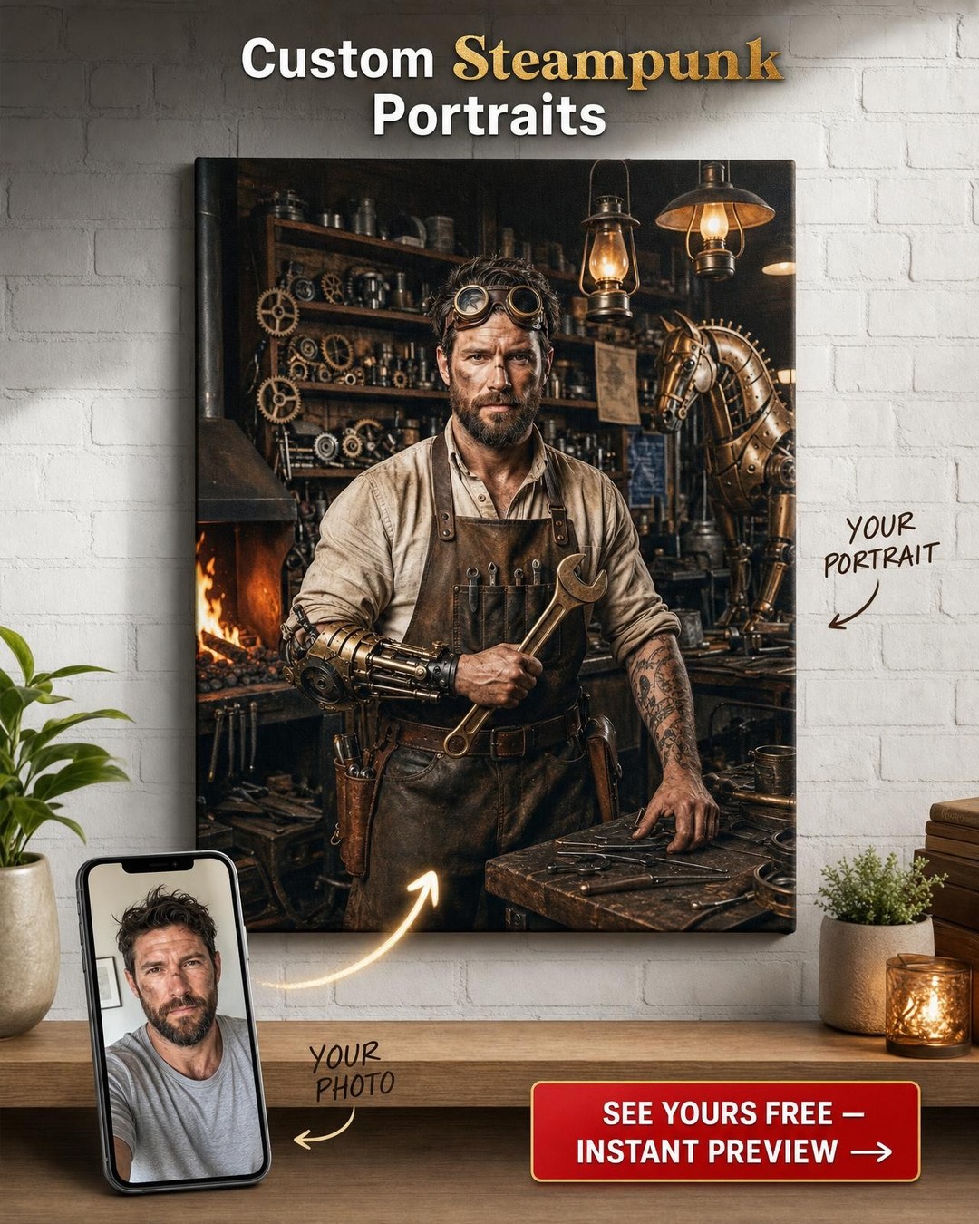 Custom Steampunk Man Portrait — Heroic Workshop Canvas from Photo