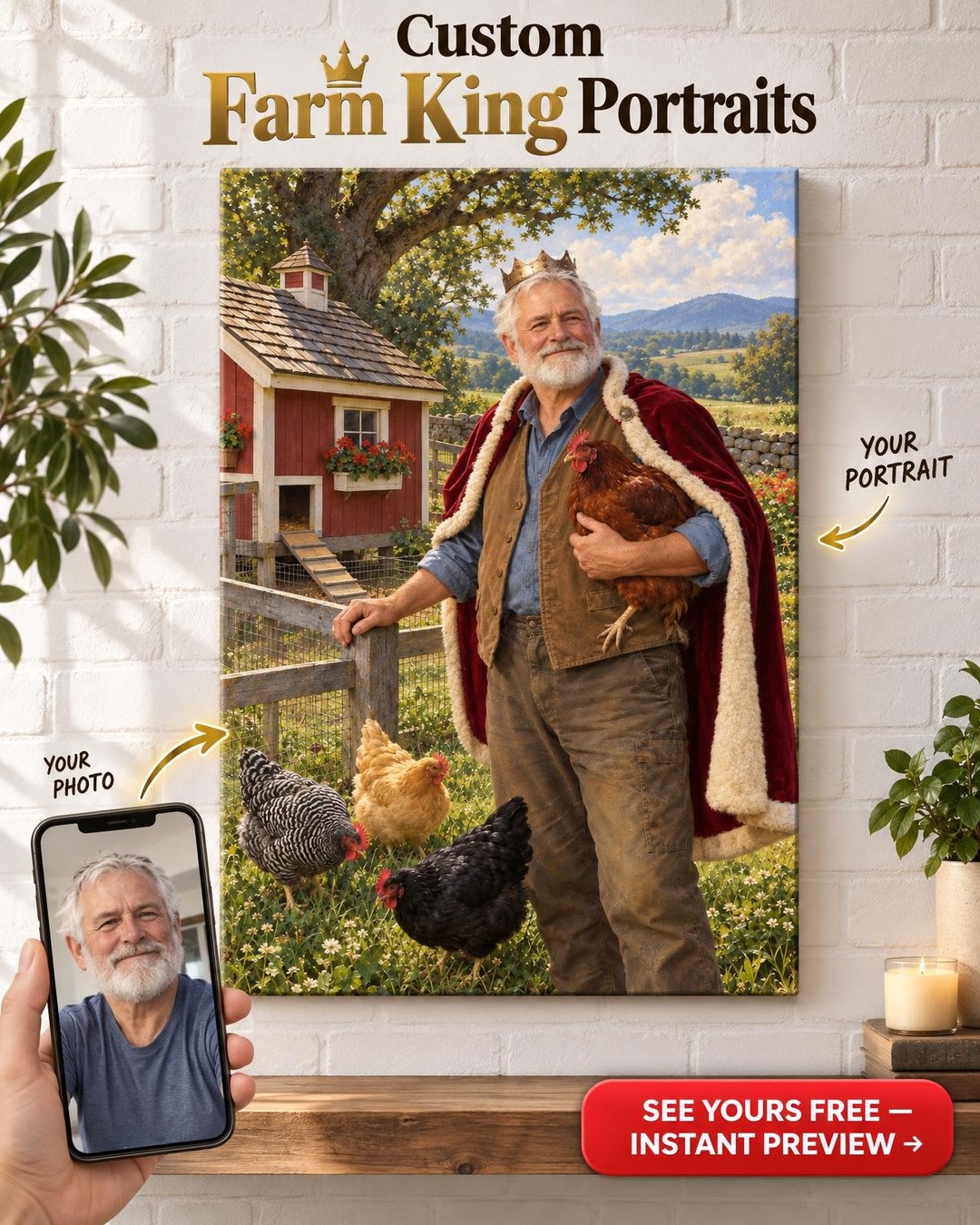 King of the Roost Custom Portrait from Photo | Personalized Backyard Chickens Gift