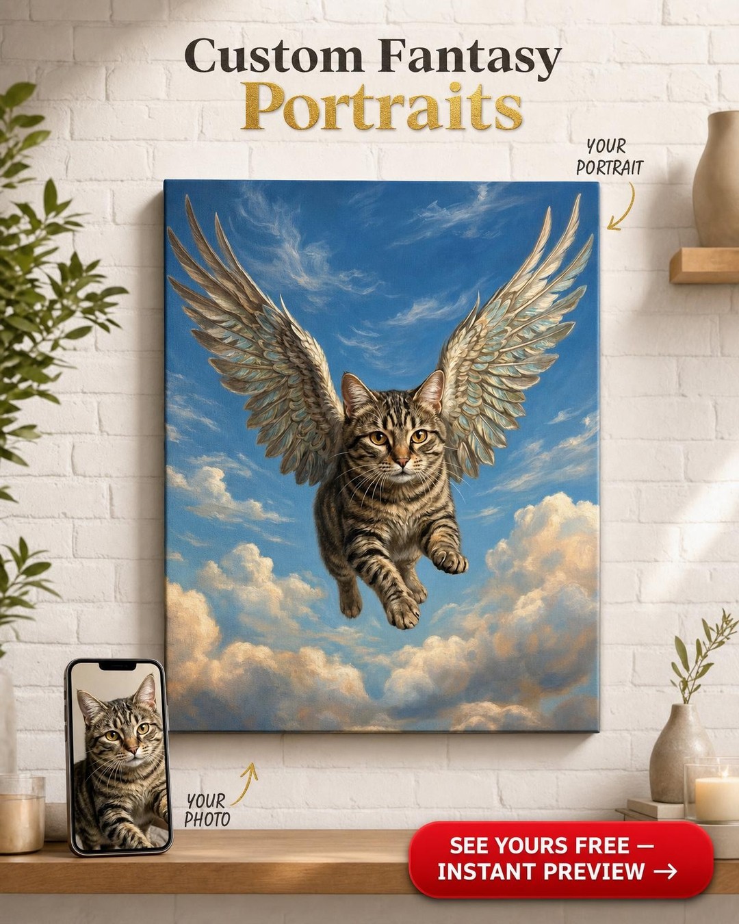 Custom Fantasy Pet Cat Portrait — Whimsical Angel Wings Canvas