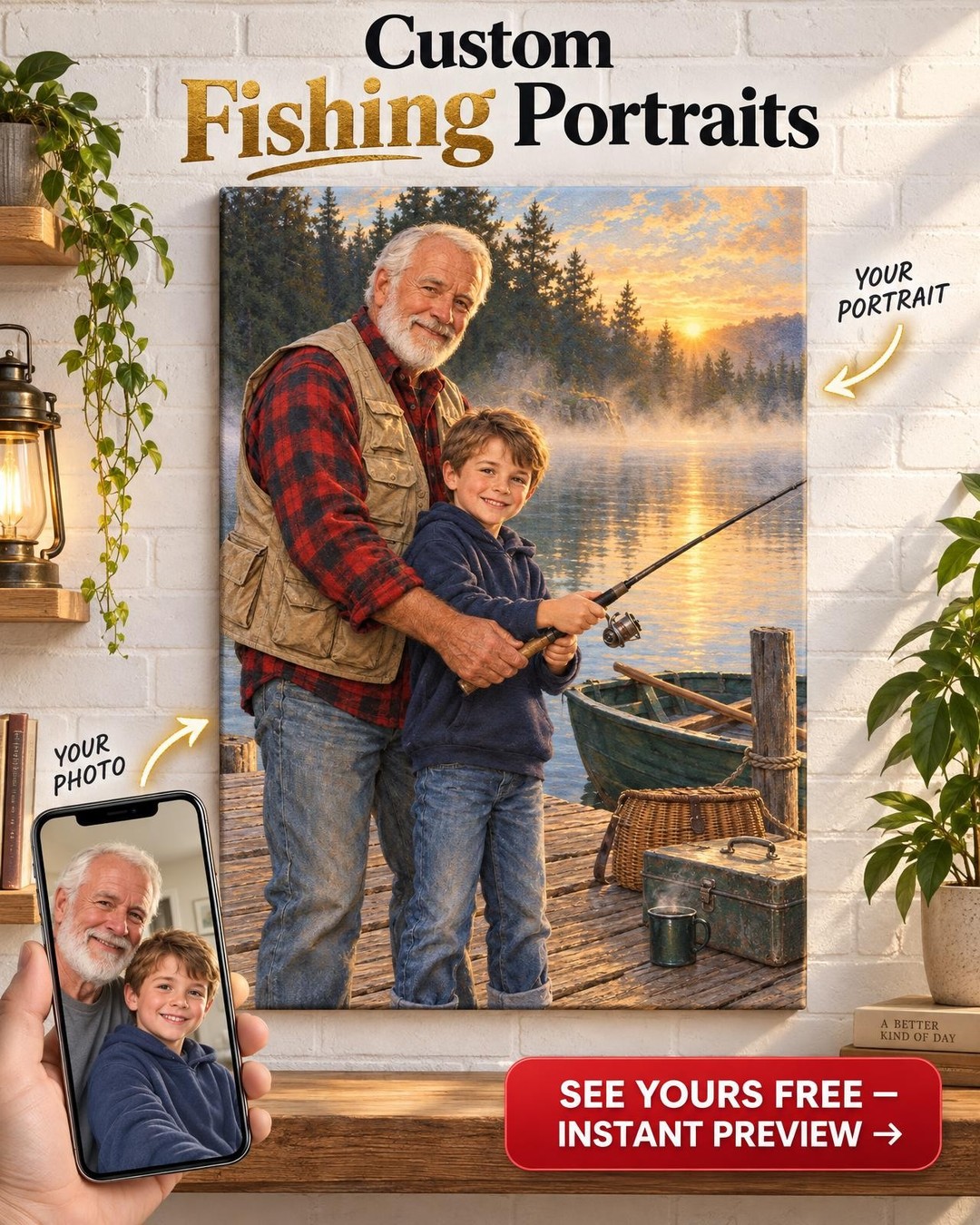 Grandpa Teaching Grandchild to Fish Custom Portrait from Photo | Personalized Fishing Together Portrait Gift