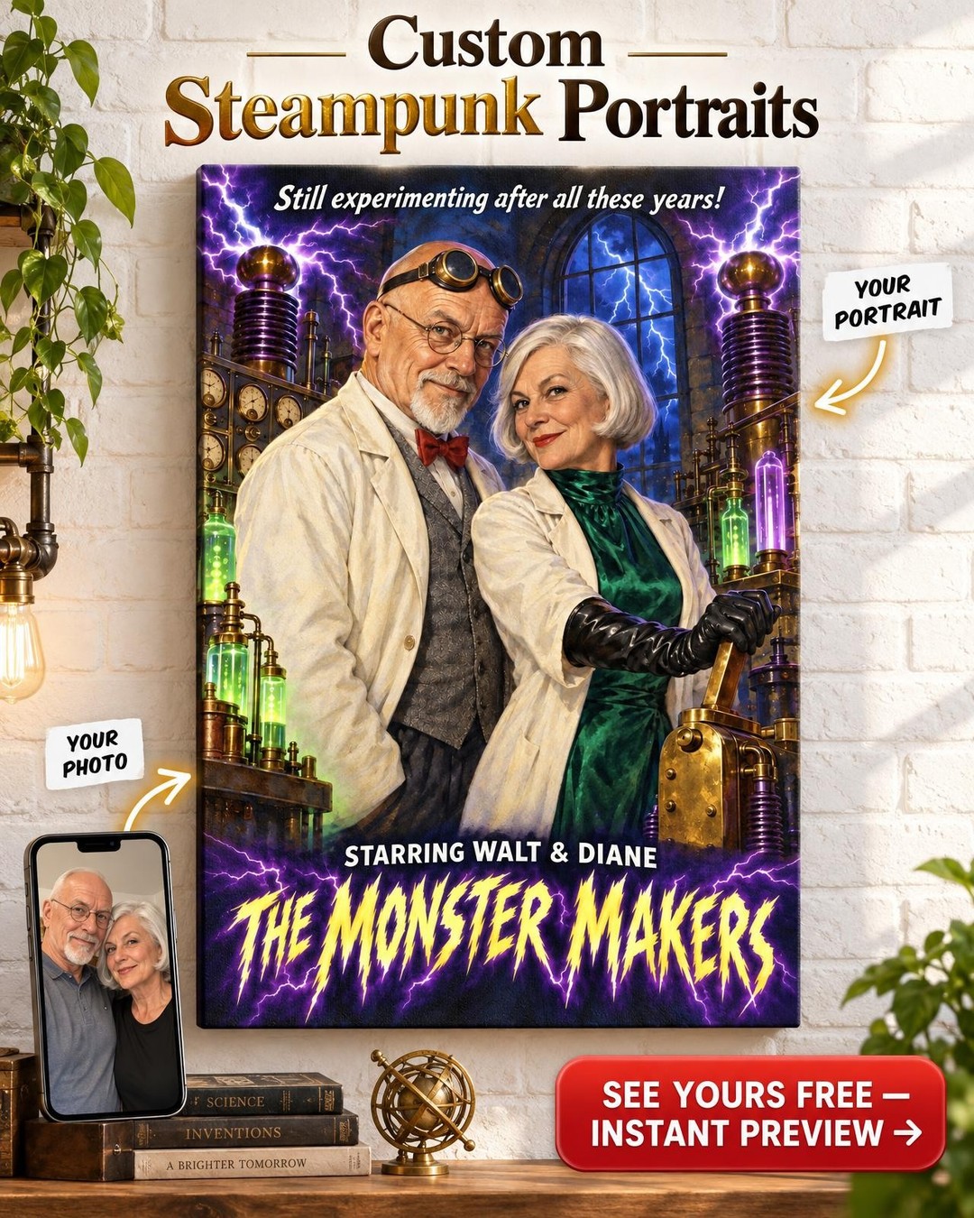 Mad Scientist Couple Custom Portrait from Photo | Personalized Monster Movie Gift
