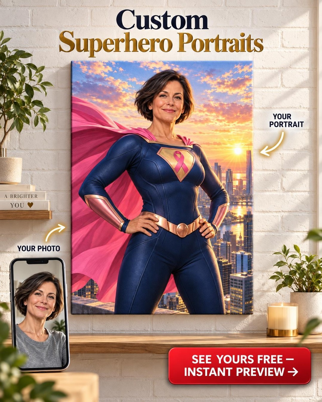 Superhero Woman Custom Portrait from Photo | Personalized Cancer Warrior Gift