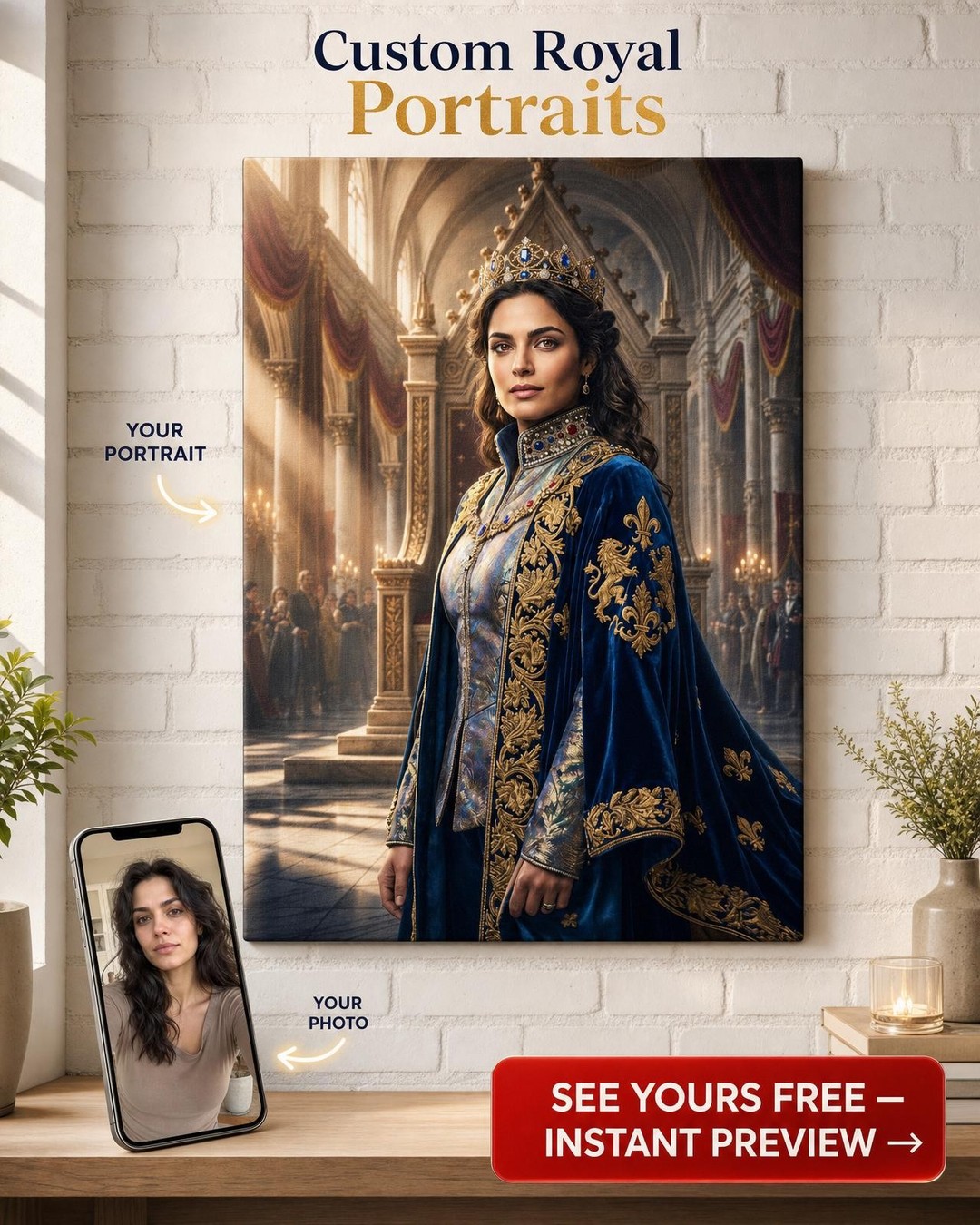 Custom Royal Man Portrait — Regal Crown & Throne Canvas