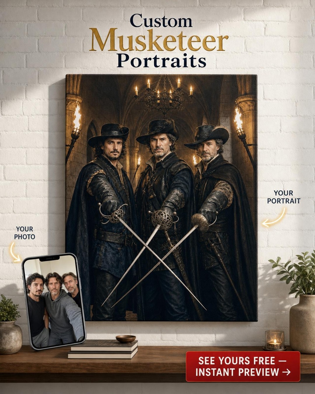 Musketeer Costume Custom Portrait from Photo | Personalized Canvas Gift