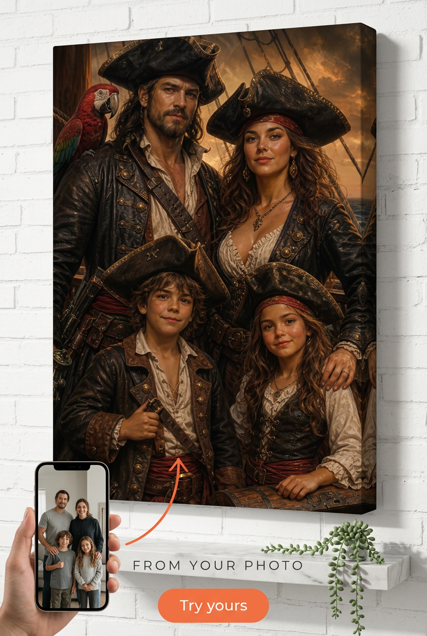 Custom Pirate Family Portrait — Adventurous Canvas Art from Photo