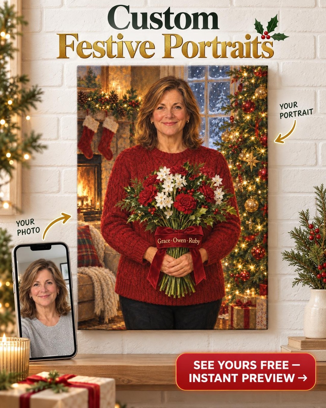Christmas Birth Flower Custom Portrait from Photo | Personalized Gift for Mom